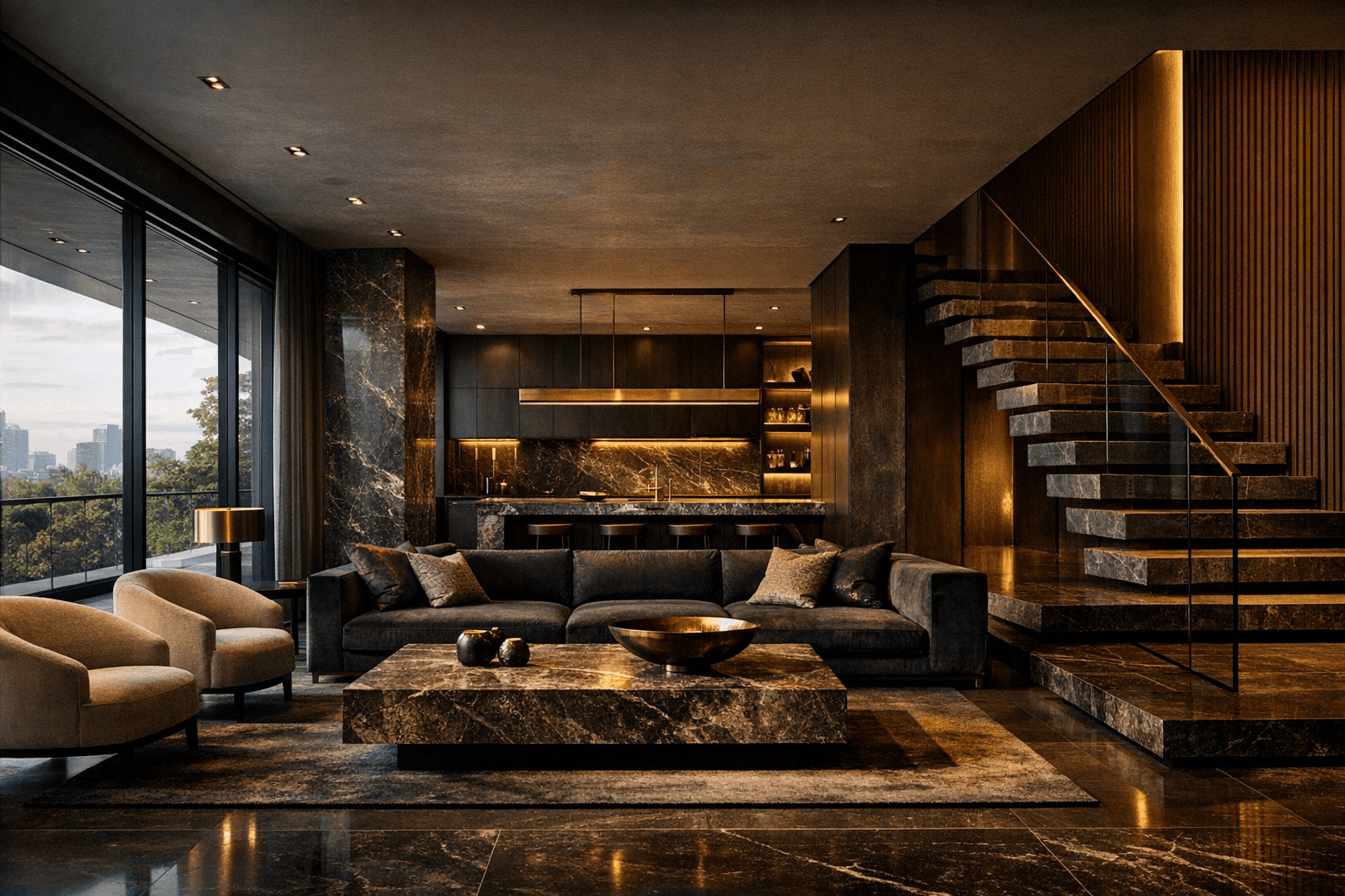 Modern luxury home interior with open-concept design and natural lighting