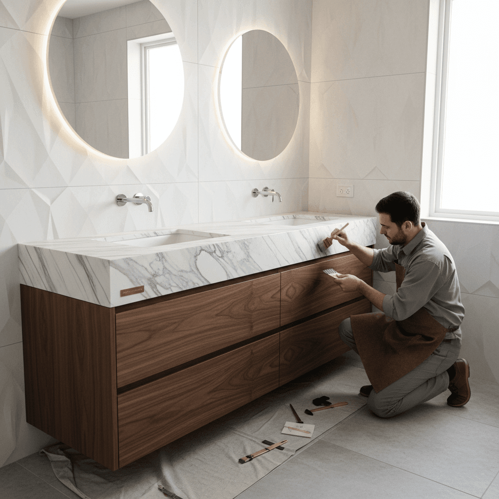 Stone fabrication and installation in luxury residential bathroom