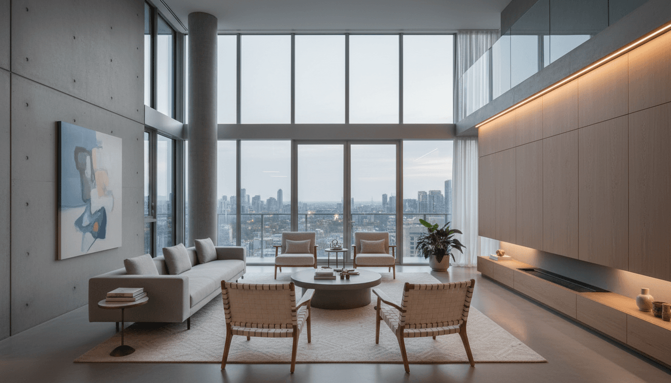 Finished living room with contemporary finishes and city views