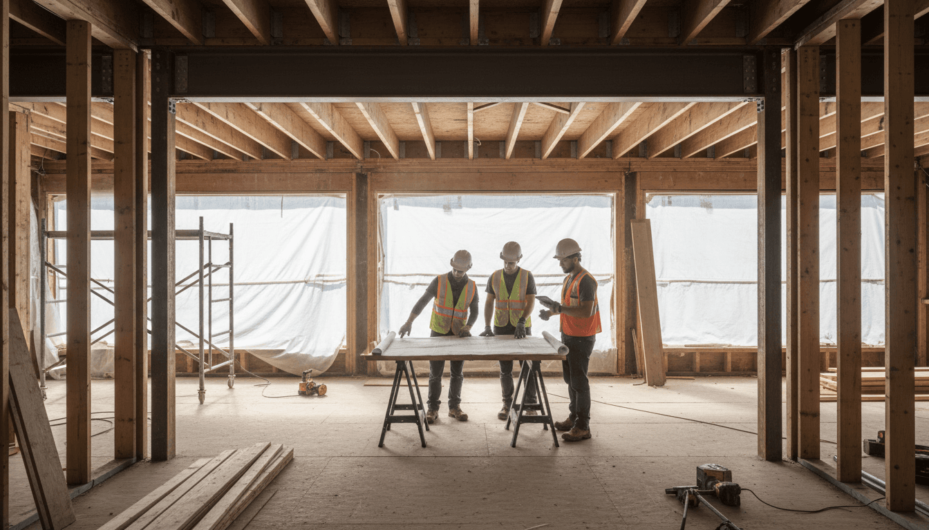 Renovation site with exposed framing and a project manager reviewing drawings