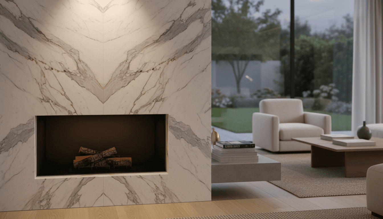 Custom stone fireplace with marble cladding
