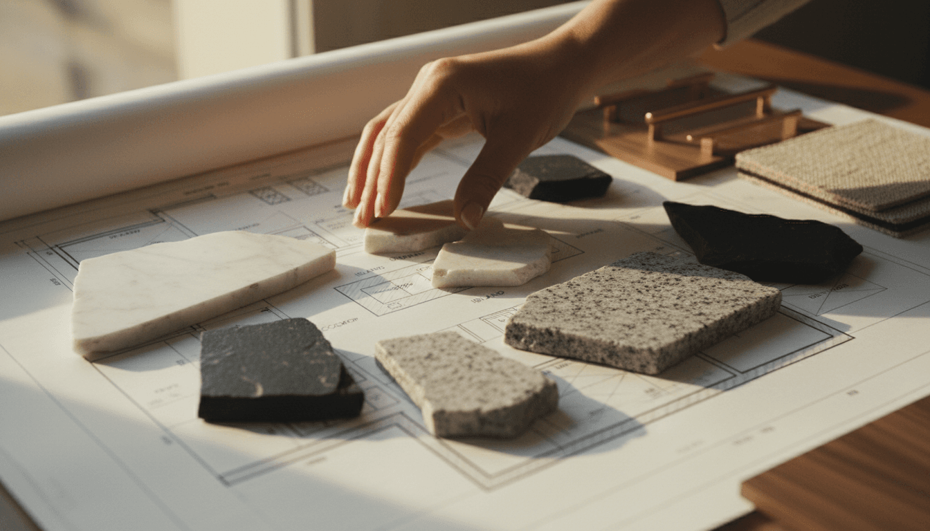 Stone and material samples arranged over a drafting sheet