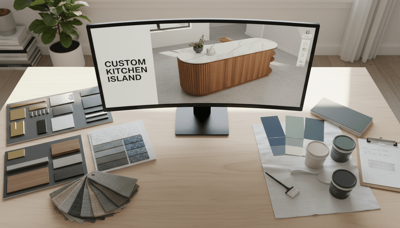 3D visualization of a kitchen design displayed on a monitor