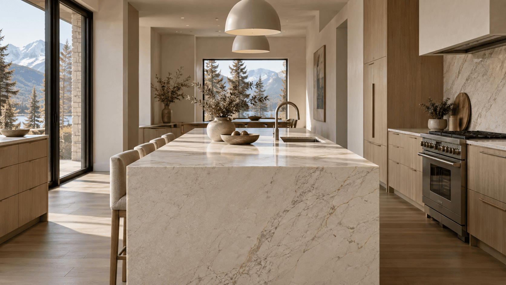 Representative architectural kitchen with a veined stone waterfall island and warm oak cabinetry